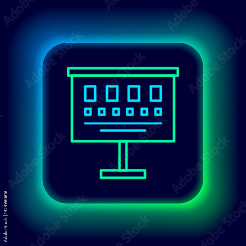 Glowing neon line Eye test chart icon isolated on black background. Poster for vision testing in ophthalmic study. Snellen chart. Colorful outline concept. Vector