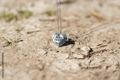 Pendant Best Friend heart necklace shoot outside in a summer day closeup. Selective Focus. High quality photo