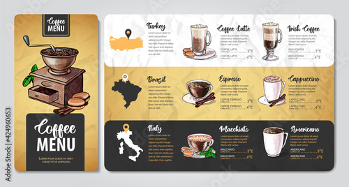 Restaurant Coffee menu design. Decorative sketch of cup of coffee or tea.
