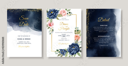 Elegant navy floral watercolor invitation card template