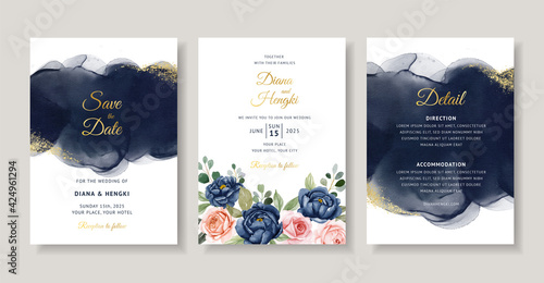 Elegant navy floral watercolor invitation card template