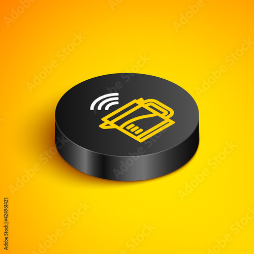 Isometric line Smart electric kettle system icon isolated on yellow background. Teapot icon. Internet of things concept with wireless connection. Black circle button. Vector