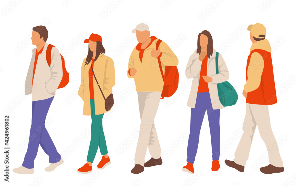 Fototapeta premium Set of man, woman and teenager walking, different colors, cartoon character, silhouettes of group walking people , rear view. Flat icon design concept isolated on a white background
