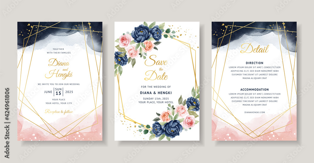 Elegant navy floral watercolor invitation card template