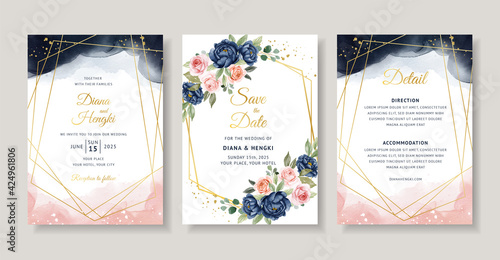 Elegant navy floral watercolor invitation card template
