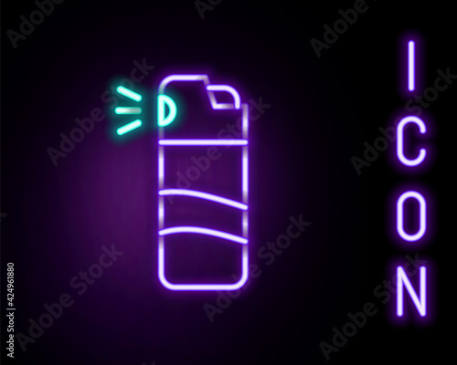 Glowing neon line Pepper spray icon isolated on black background. OC gas. Capsicum self defense aerosol. Colorful outline concept. Vector