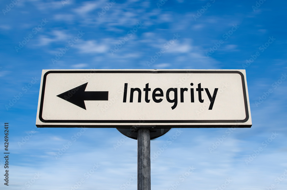 Integrity road sign, arrow on blue sky background. One way blank road sign with copy space. Arrow on a pole pointing in one direction. Integrity road sign, arrow on blue sky background. One way blank road sign with copy space. Arrow on a pole pointing in one direction.