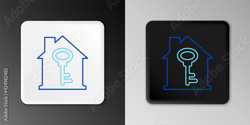 Line House with key icon isolated on grey background. The concept of the house turnkey. Colorful outline concept. Vector