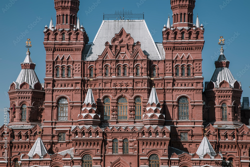 Beautiful facade of an old building. Ancient architecture of Russia.