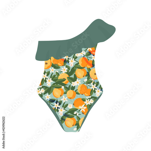 Summer beach female one-piece swimsuit in retro style. Women swimming clothes. Women swimwear with pattern. Single icon, flat cartoon colorful vector illustration isolated on white background