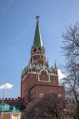 Beautiful architecture of the Moscow Kremlin. Center of Moscow. Clear sunny day. Ancient architecture.