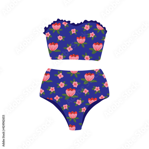 Summer beach female two-piece swimsuit in retro style. Top and bottom of swimwear. Women bikini with pattern. Single icon, flat cartoon colorful vector illustration isolated on white background