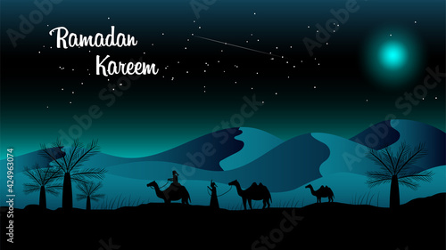Ramadan kareem greeting card template with night desert panorama and mosque illustration