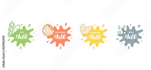 Soy, almond, coconut and rice milk logotype set in splash form with drops. Packaging badge design element set. Hand drawn healthy vegan eco drinks labels. Isolated logo collection eps illustration