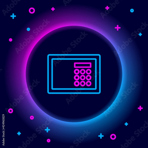 Glowing neon line Safe icon isolated on black background. The door safe a bank vault with a combination lock. Reliable Data Protection. Colorful outline concept. Vector