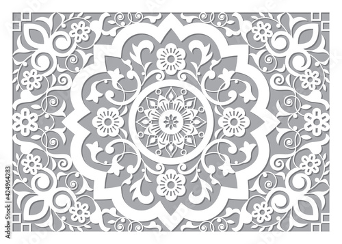 Moroccan retro carved mandala in ractangle frame inspired design, vector detailed arabic pattern with flowers, leaves and swirls - 5x7 format
