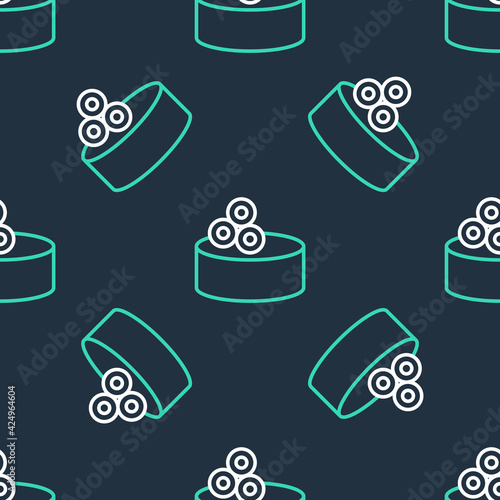Line Tin can with caviar icon isolated seamless pattern on black background. Vector
