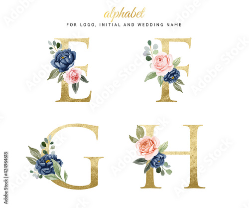 Watercolor floral gold alphabet set of e, f, g, h with navy and peach flowers . for logo, cards, branding, etc
