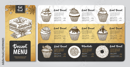 Restaurant dessert menu design. Decorative sketch of cupcakes and donuts. Sweet menu