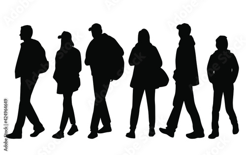 Set of vector silhouettes of a walking men, women and teenager, group of people with backpack, profile, rear view, black isolated on a white background