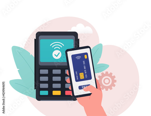 Contactless payment from a smartphone. Concept of contactless cashless payments in the payment terminal, NFC, paypass, rfid.