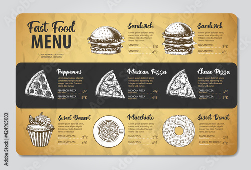 Restaurant menu design. Decorative sketch of pizza, sandwich and dessert. Fast food menu