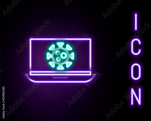 Glowing neon line Virus statistics on laptop icon isolated on black background. Corona virus 2019-nCoV. Bacteria and germs, cell cancer, microbe, fungi. Colorful outline concept. Vector
