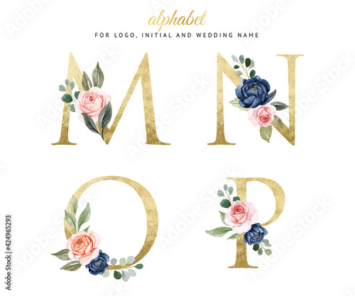 Watercolor floral gold alphabet set of m, n, o, p with navy and peach flowers . for logo, cards, branding, etc