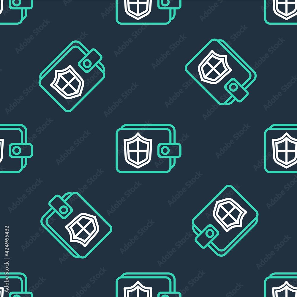 Line Wallet and money with shield icon isolated seamless pattern on black background. Insurance concept. Security, safety, protection, protect concept. Vector Line Wallet and money with shield icon isolated seamless pattern on black background. Insurance concept. Security, safety, protection, protect concept. Vector