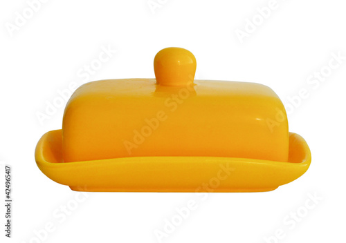 yellow ceramic butter dish isolated on white background