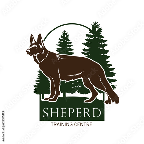Dog and pine tree, good for dog training and care logo