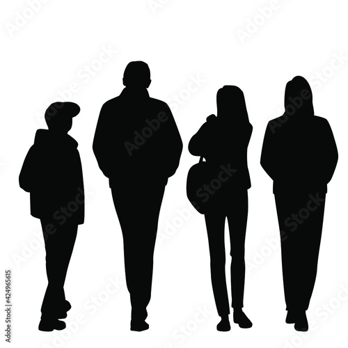 Set of vector silhouettes of a walking man, woman, girl and teenager, group of people, rear view, black isolated on a white background