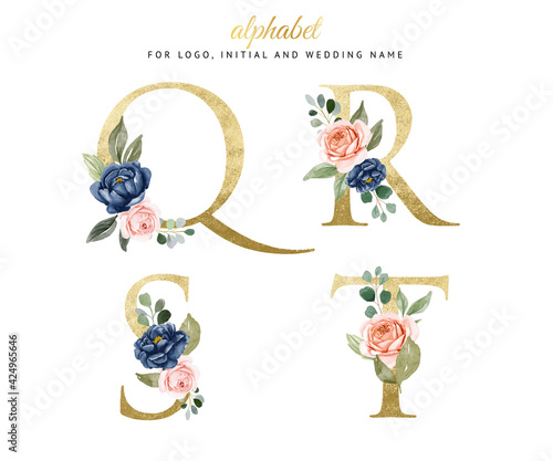 Watercolor floral gold alphabet set of q, r, s, t with navy and peach flowers . for logo, cards, branding, etc