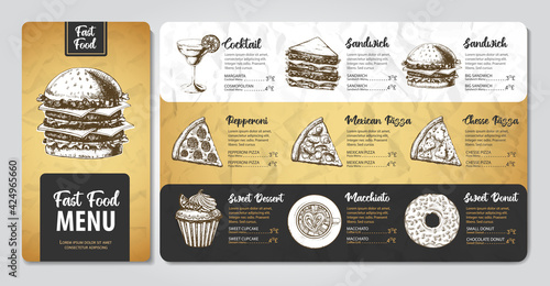 Restaurant menu design. Decorative sketch of pizza, sandwich and dessert. Fast food menu