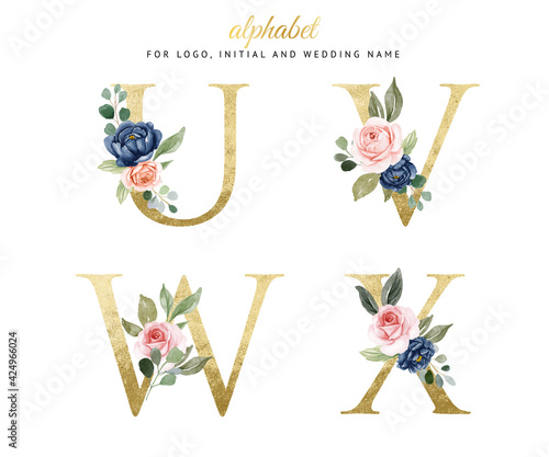 Watercolor floral gold alphabet set of u, v, w, x with navy and peach flowers . for logo, cards, branding, etc