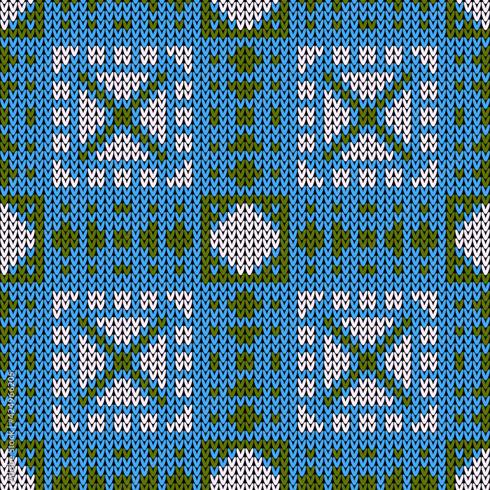 Seamless knitted pattern. Vector illustration  Colors: Olivetone, Dodger Blue, Selago