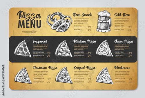 Restaurant pizza menu design. Decorative sketch of pizza. Fast food menu
