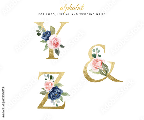 Watercolor floral gold alphabet set of y, z with navy and peach flowers . for logo, cards, branding, etc