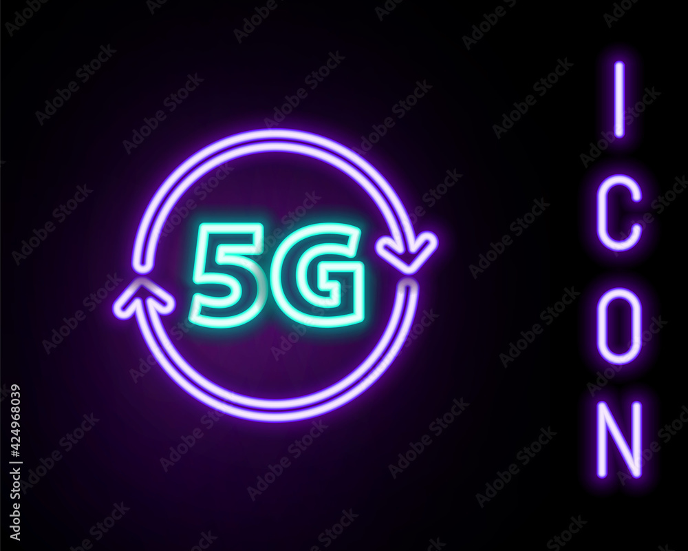 Glowing neon line 5G new wireless internet wifi connection icon isolated on black background. Global network high speed connection data rate technology. Colorful outline concept. Vector Glowing neon line 5G new wireless internet wifi connection icon isolated on black background. Global network high speed connection data rate technology. Colorful outline concept. Vector