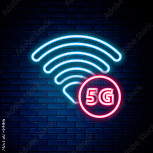 Glowing neon line 5G new wireless internet wifi connection icon isolated on brick wall background. Global network high speed connection data rate technology. Colorful outline concept. Vector