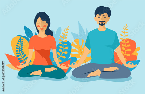 Young man and woman couple meditating in lotus pose. Man and woman on white background meditating peacefully. Mental health concept. Stay at home. Yoga and meditation illustration in flat style.