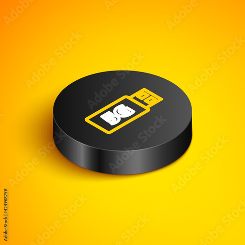 Isometric line 5G modem for fast mobile Internet icon isolated on yellow background. Global network high speed connection data rate technology. Black circle button. Vector