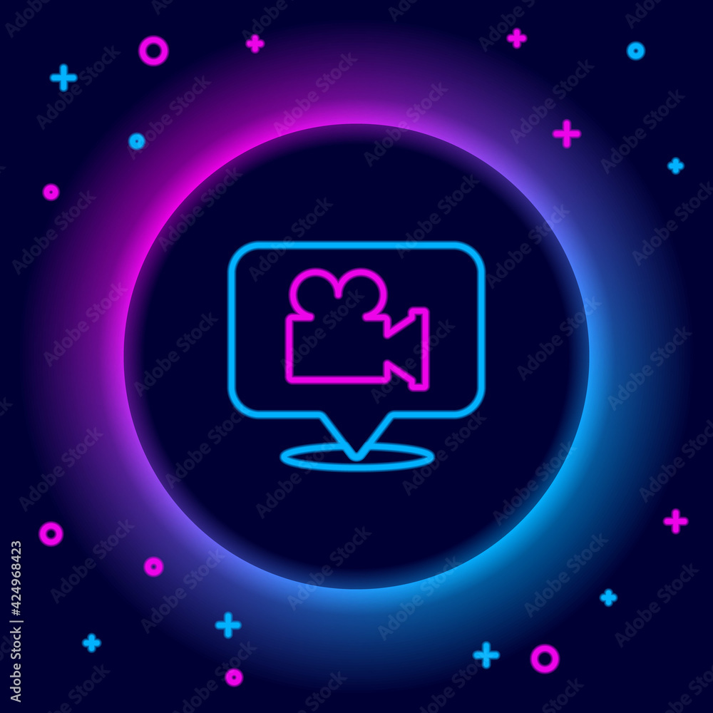 Glowing neon line Camera and location pin icon isolated on black background. Colorful outline concept. Vector Glowing neon line Camera and location pin icon isolated on black background. Colorful outline concept. Vector