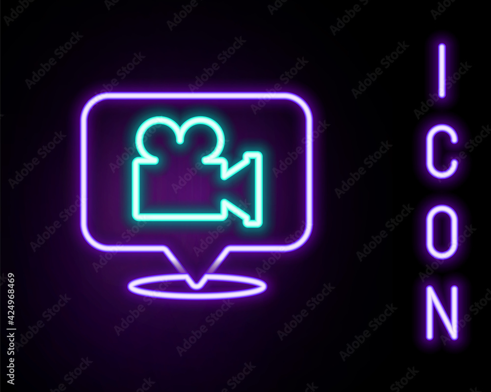 Glowing neon line Camera and location pin icon isolated on black background. Colorful outline concept. Vector Glowing neon line Camera and location pin icon isolated on black background. Colorful outline concept. Vector
