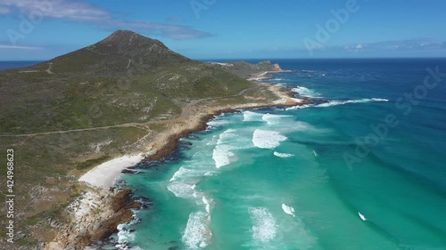 Aerial view of beautiful ocean coast of Cape of Good Hope, South Africa.  Turquoise sea waves