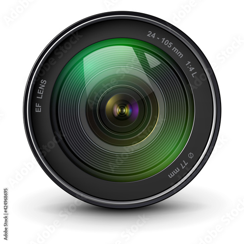 Camera photo lens, front view, realistic 3D vector icon.