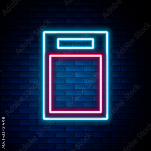 Glowing neon line Cutting board icon isolated on brick wall background. Chopping Board symbol. Colorful outline concept. Vector