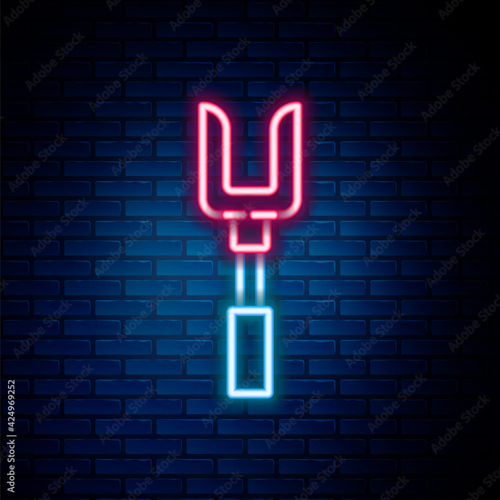 Glowing neon line Barbecue fork icon isolated on brick wall background. BBQ fork sign. Barbecue and grill tool. Colorful outline concept. Vector Glowing neon line Barbecue fork icon isolated on brick wall background. BBQ fork sign. Barbecue and grill tool. Colorful outline concept. Vector