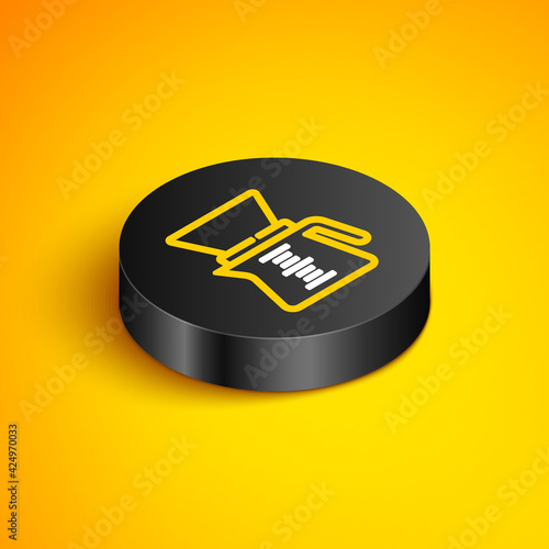 Isometric line Pour over coffee maker icon isolated on yellow background. Alternative methods of brewing coffee. Coffee culture. Black circle button. Vector