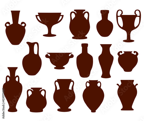 Vector set silhouettes of ancient amphorae and vases. Greece icon collection. Isolated illustration on white background